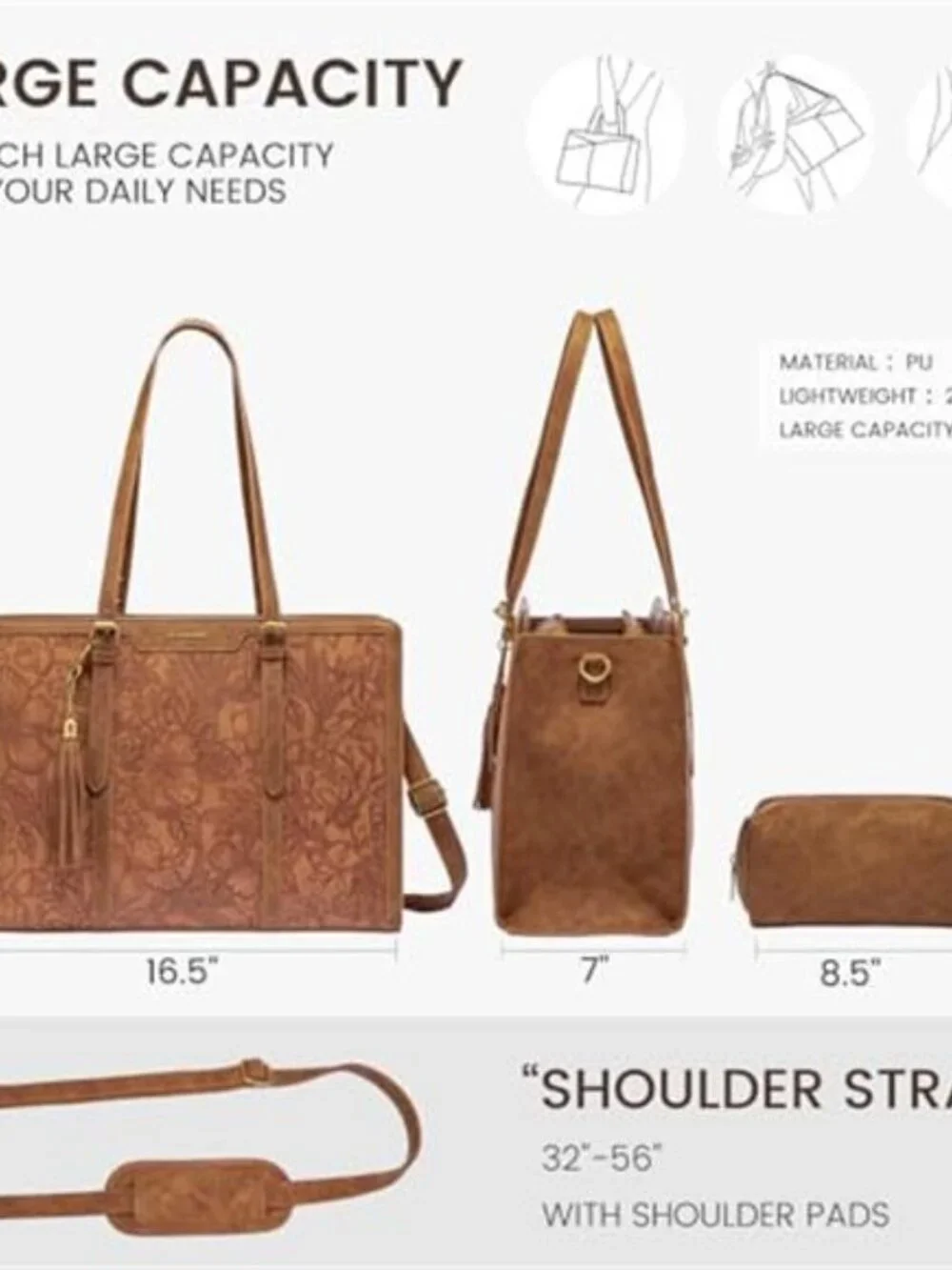Women's Laptop Bag Vintage Leather Tote with Clutch Purse, 15.6 inch